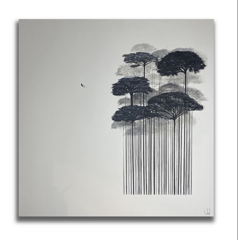 De códigos de barras a árboles: mis pinturas únicas que fusionan conceptos opuestos