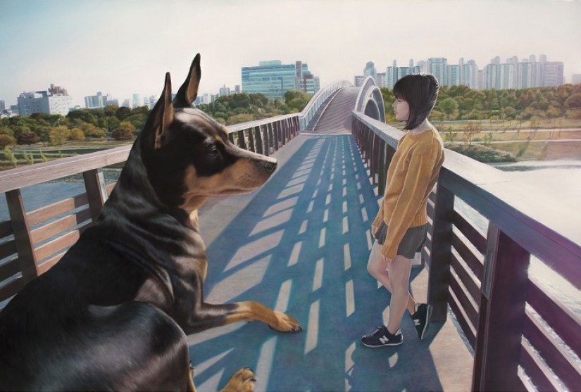 Dibujos realistas de un perro gigante y una linda chica coreana