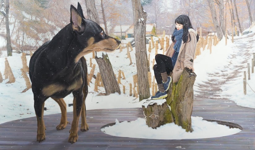 Dibujos realistas de un perro gigante y una linda chica coreana