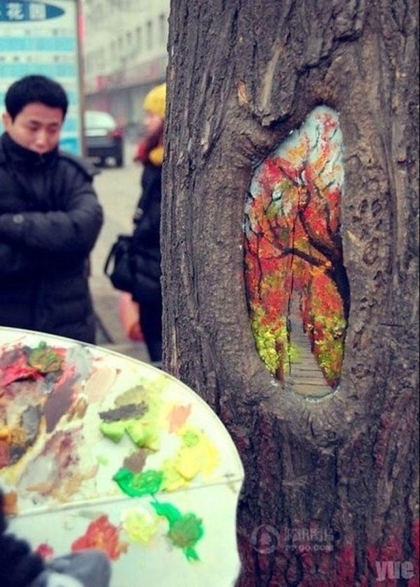 Drawings on the trees cheer up the townspeople