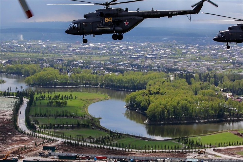 Dress rehearsal for the Victory Parade and Moscow from a helicopter