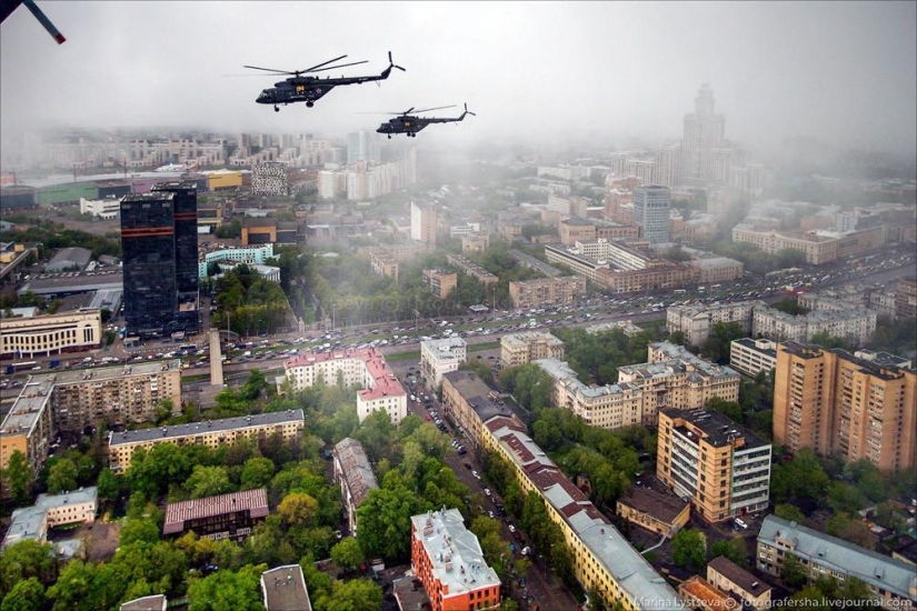 Dress rehearsal for the Victory Parade and Moscow from a helicopter