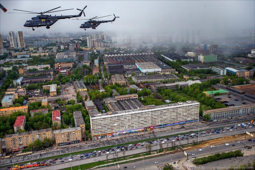 Dress rehearsal for the Victory Parade and Moscow from a helicopter