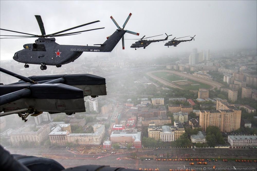 Dress rehearsal for the Victory Parade and Moscow from a helicopter