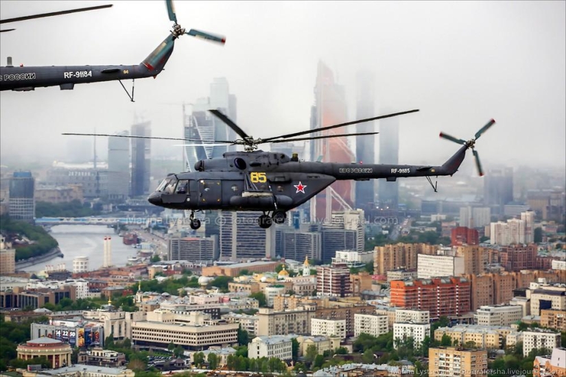 Dress rehearsal for the Victory Parade and Moscow from a helicopter