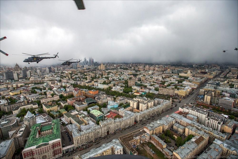 Dress rehearsal for the Victory Parade and Moscow from a helicopter