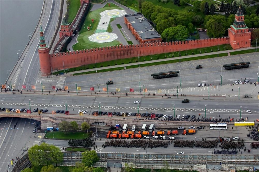 Dress rehearsal for the Victory Parade and Moscow from a helicopter