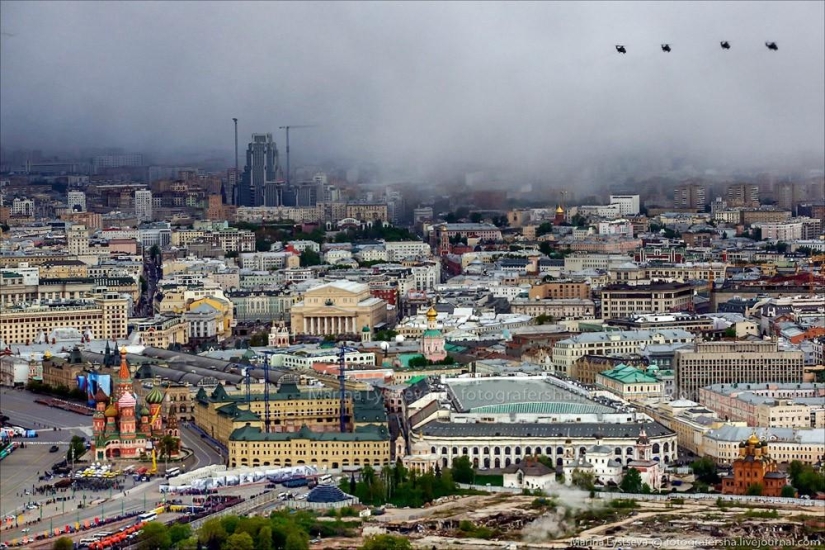 Dress rehearsal for the Victory Parade and Moscow from a helicopter