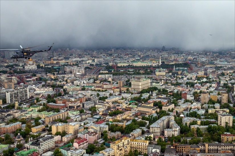 Dress rehearsal for the Victory Parade and Moscow from a helicopter