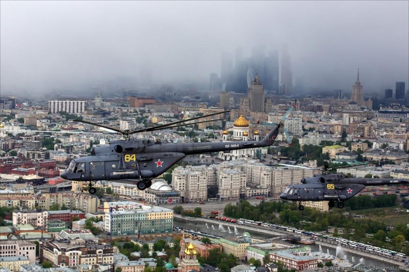 Dress rehearsal for the Victory Parade and Moscow from a helicopter