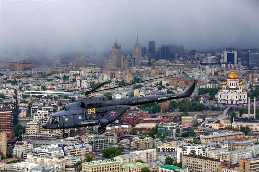 Dress rehearsal for the Victory Parade and Moscow from a helicopter