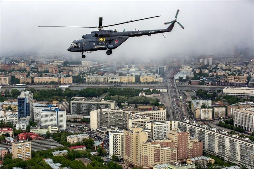 Dress rehearsal for the Victory Parade and Moscow from a helicopter