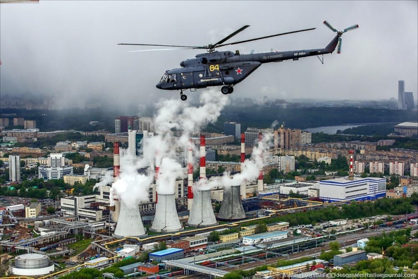 Dress rehearsal for the Victory Parade and Moscow from a helicopter