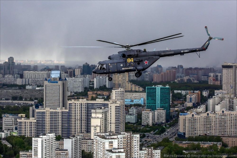 Dress rehearsal for the Victory Parade and Moscow from a helicopter