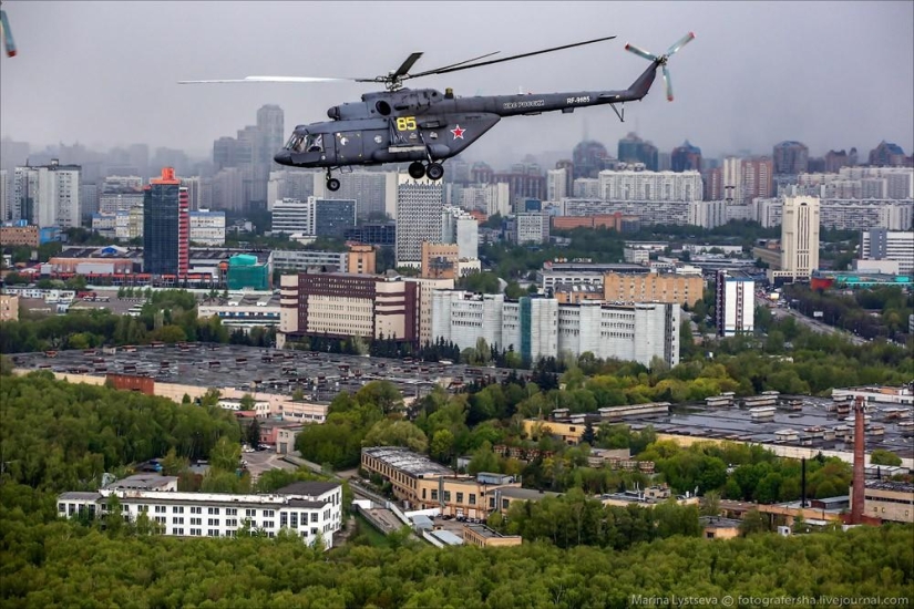 Dress rehearsal for the Victory Parade and Moscow from a helicopter