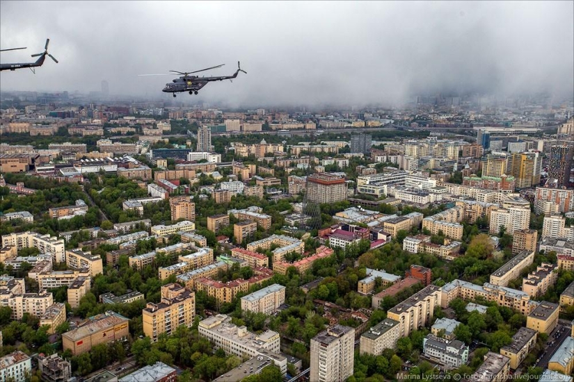 Dress rehearsal for the Victory Parade and Moscow from a helicopter