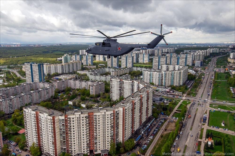 Dress rehearsal for the Victory Parade and Moscow from a helicopter