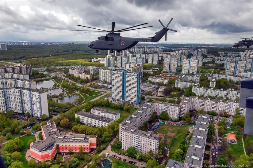 Dress rehearsal for the Victory Parade and Moscow from a helicopter