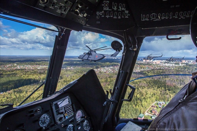 Dress rehearsal for the Victory Parade and Moscow from a helicopter