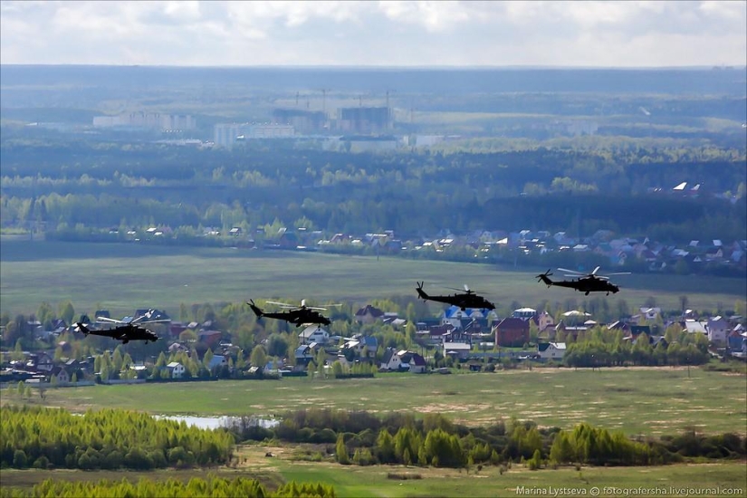 Dress rehearsal for the Victory Parade and Moscow from a helicopter