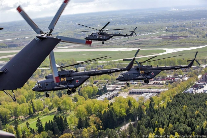 Dress rehearsal for the Victory Parade and Moscow from a helicopter