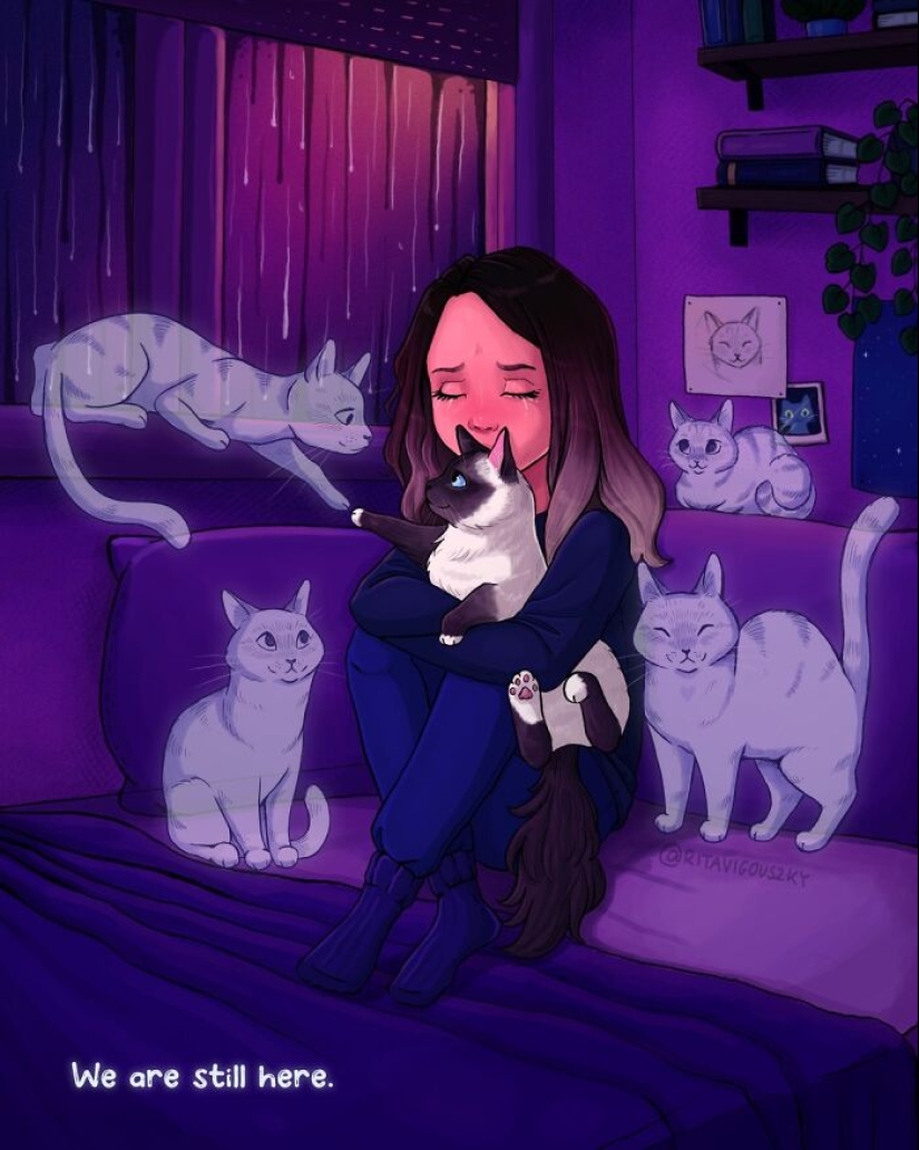 El artista crea ilustraciones conmovedoras sobre las alegrías de tener gatos.