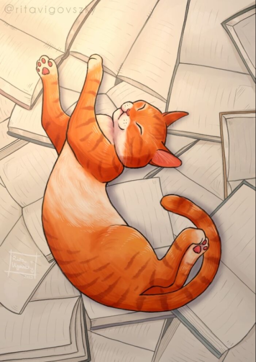 El artista crea ilustraciones conmovedoras sobre las alegrías de tener gatos.
