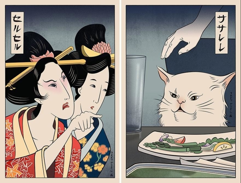 El artista recrea sus memes favoritos al estilo de estampados japoneses
