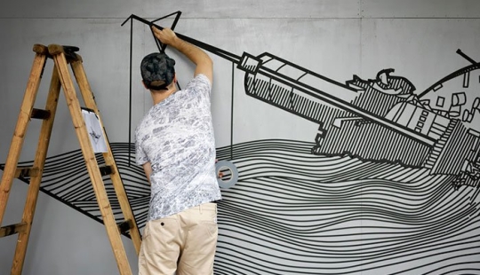 Electrical tape instead of paint. Beautiful street art from improvised materials