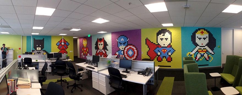 Employees used 8024 stickers to transform boring office walls into a superhero mural