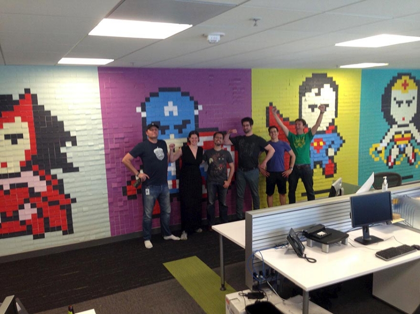 Employees used 8024 stickers to transform boring office walls into a superhero mural