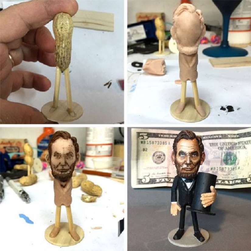 Estadounidense crea ingeniosas figuritas a partir de maní