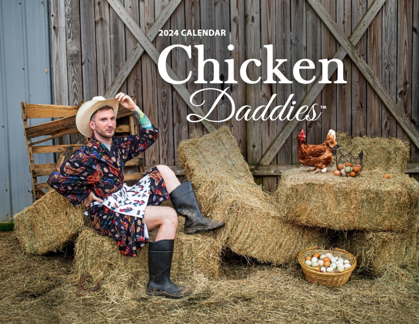 Farmers and their chickens in the Chicken Daddies 2024 calendar