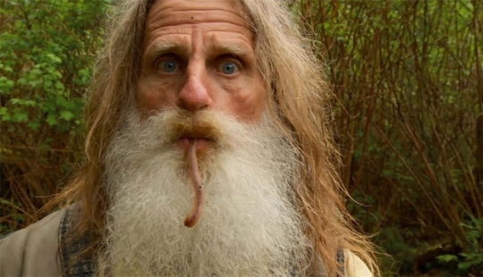 He lives in the woods, doesn't wear shoes and brushes his teeth with a pine cone He lives in the woods, doesn't wear shoes and brushes his teeth with a pine cone