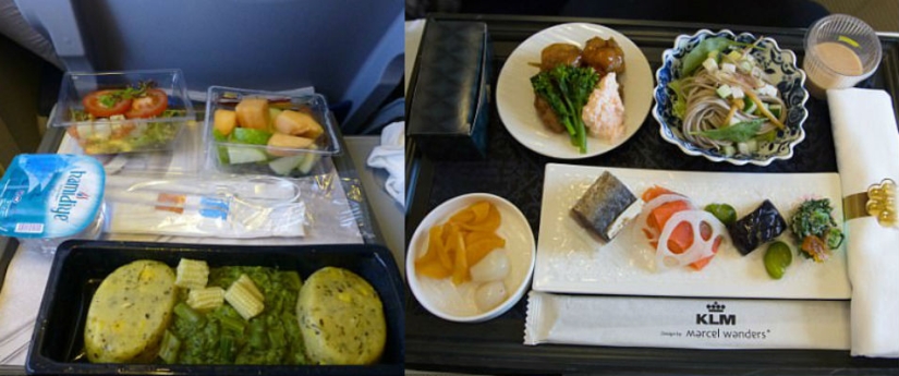 How is the food of passengers in business class and economy class on the plane different