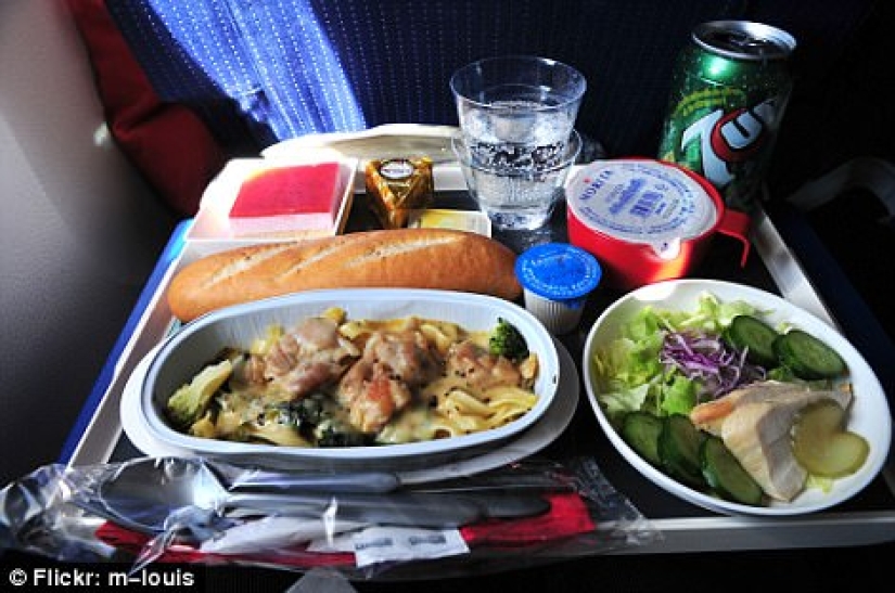 How is the food of passengers in business class and economy class on the plane different