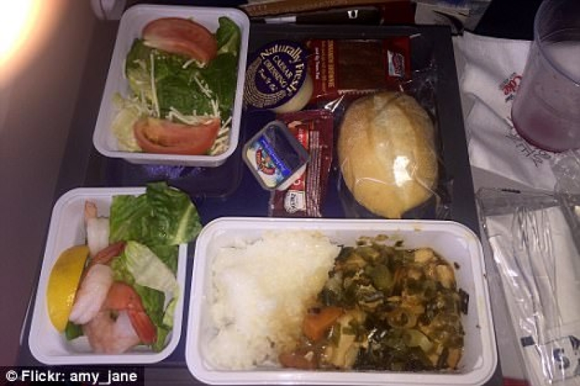 How is the food of passengers in business class and economy class on the plane different