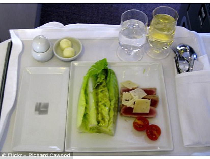 How is the food of passengers in business class and economy class on the plane different