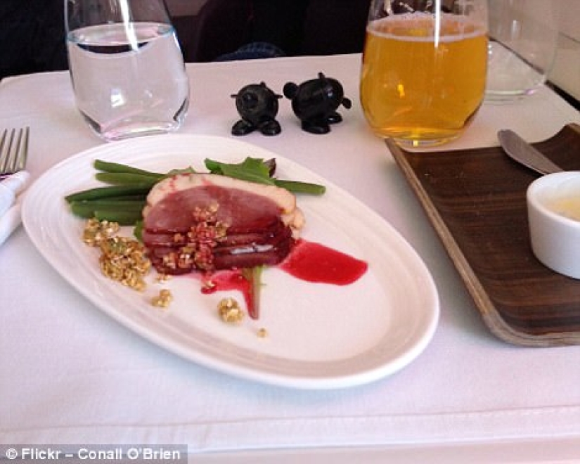 How is the food of passengers in business class and economy class on the plane different