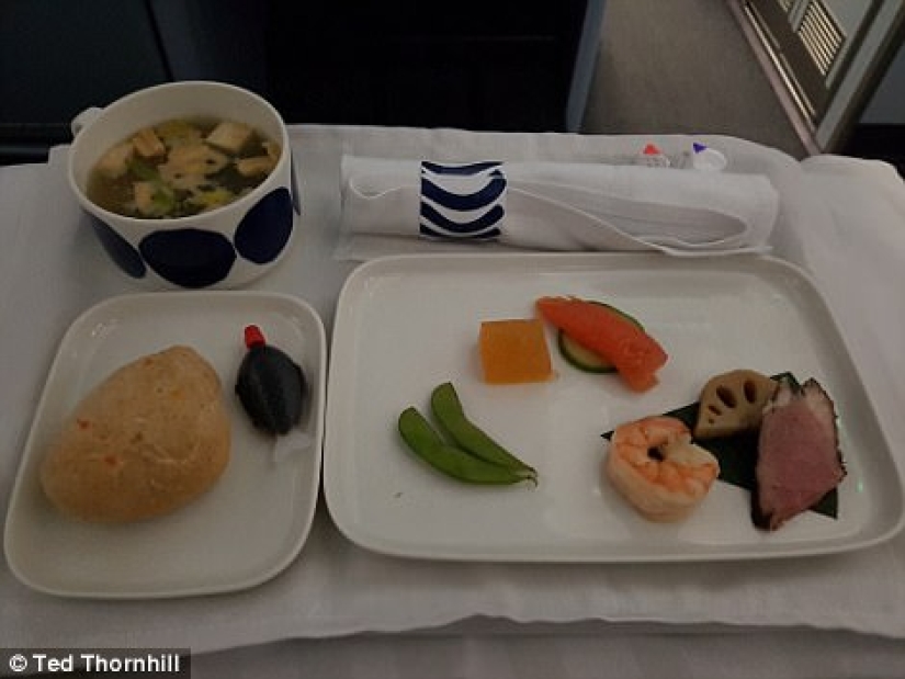 How is the food of passengers in business class and economy class on the plane different