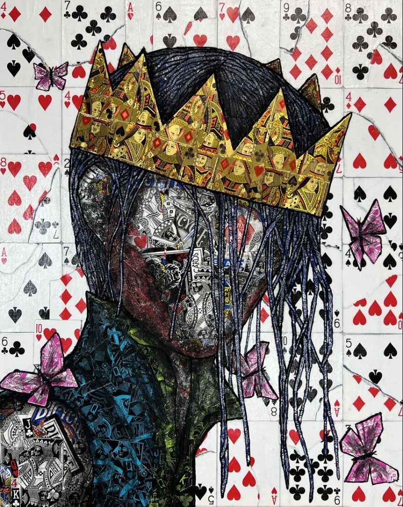 I Make Unique Collage Paintings By Using Only Playing Cards And Black Paint (18 Pics)