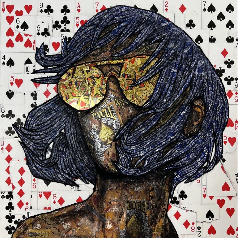 I Make Unique Collage Paintings By Using Only Playing Cards And Black Paint (18 Pics)