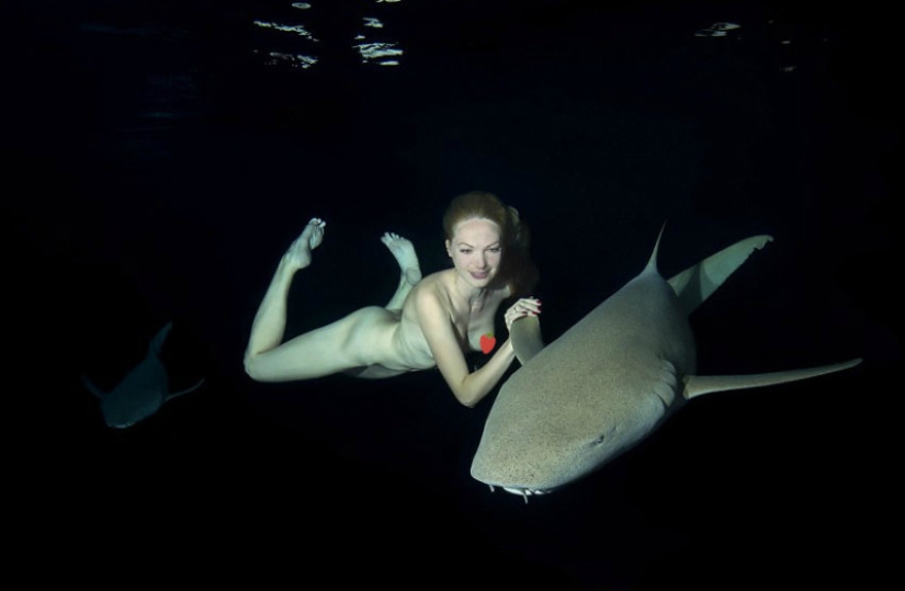 Impresionantes imágenes submarinas: Modelo rusa desnuda nada con tiburones