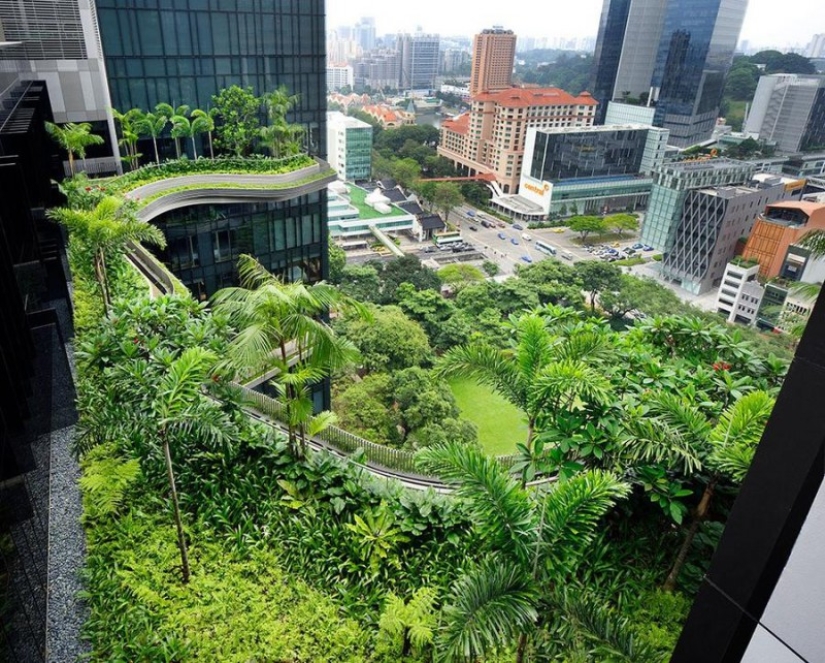 Jardín único en la fachada de un hotel en Singapur.