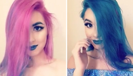La australiana se tiñó el cabello de azul y rosa al mismo tiempo y cambia el color de su cabello en un par de segundos
