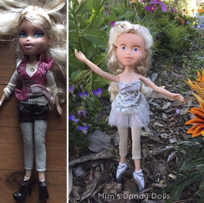 La niña dibuja caras realistas a muñecas viejas y crea personajes para ellas