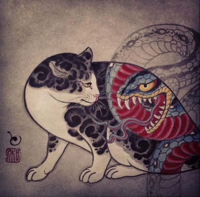 Magnificent tattoos in the form of tattooed cats from a Japanese artist