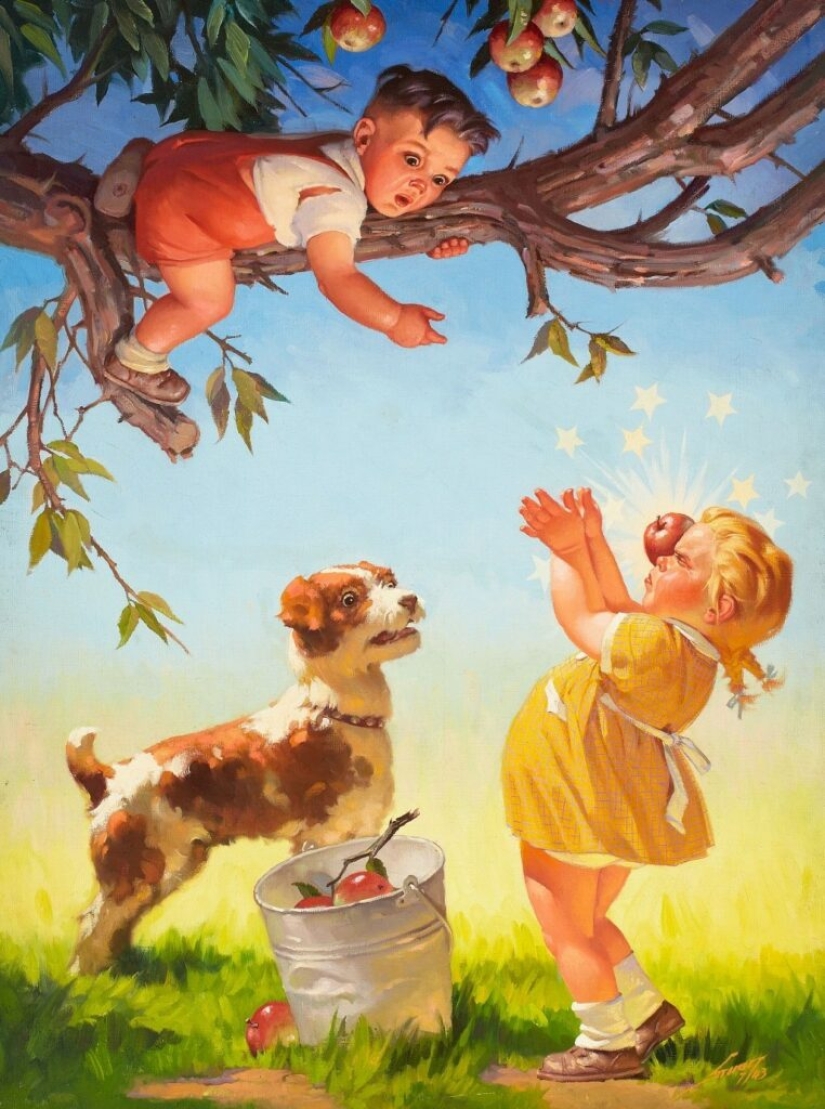 Mischievous toddlers by illustrator Raymond James Stewart