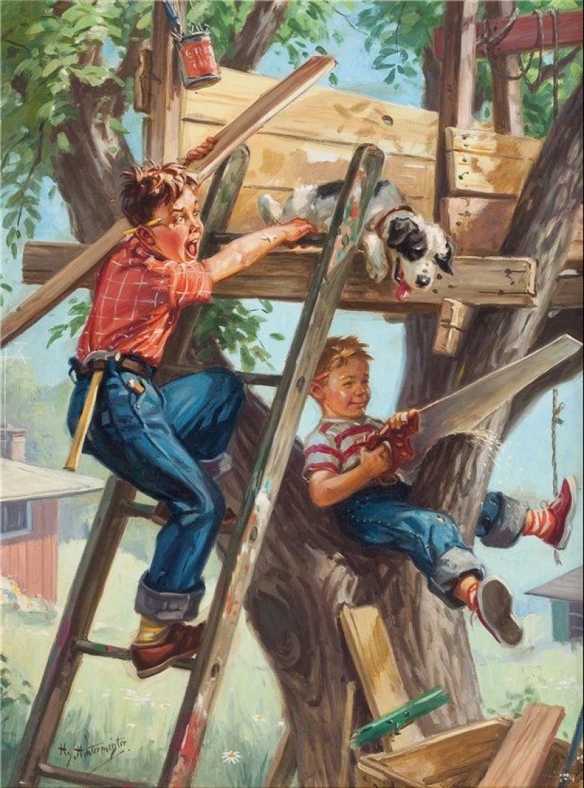 Niños pequeños traviesos del ilustrador Raymond James Stewart