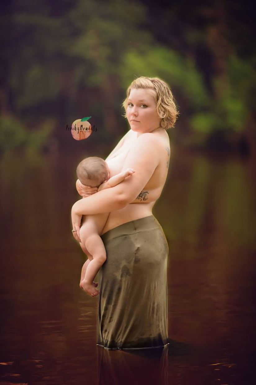 Nursing mothers bared their breasts for a photo shoot in the river to tell their stories
